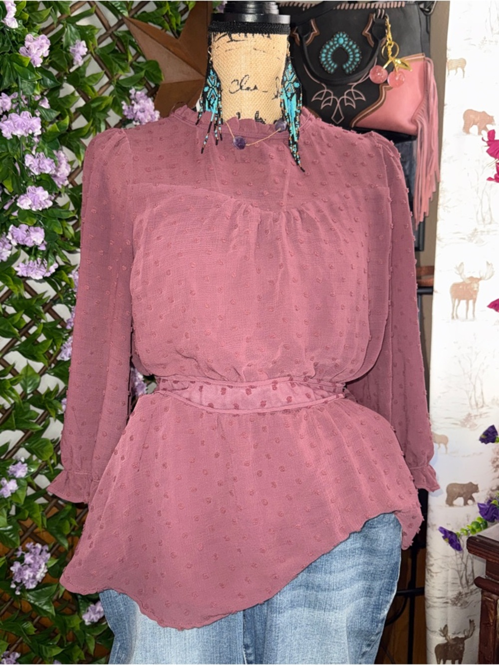 Monteau Textured Mauve Long-Sleeve Peplum Top - Women's